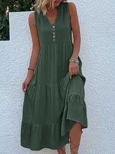 StyleCast Green V-Neck Gathered Tiered Midi A-Line Dress