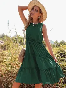 StyleCast Green Round Neck Sleeveless Tiered A-Line Dress