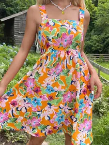 StyleCast Orange Floral Printed Shoulder Straps Smocked Detail Fit and Flare Dress