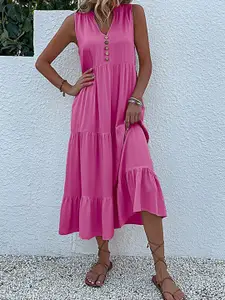 StyleCast Pink V-Neck Tiered A-Line Midi Dress