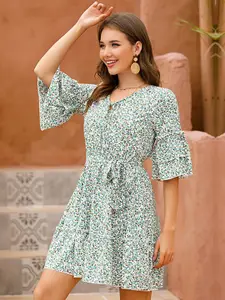 StyleCast Green Floral Printed Tie-Up Neck Bell Sleeves Gathered Tiered Fit & Flare Dress