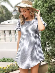 StyleCast Grey Striped Round Neck A-Line Dress