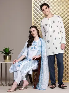 House of Pataudi Men Floral Printed Regular Pure Cotton Jashn Kurta with Trousers