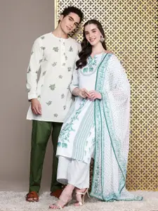 House of Pataudi Men Floral Printed Regular Pure Cotton Jashn Kurta with Trousers