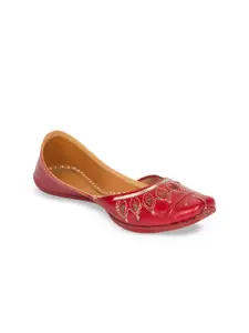 Ta Chic Ethnic Embroidered Square Toe Leather Mojaris With Laser Cuts