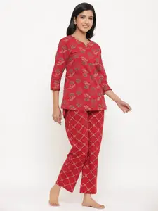 Sangria Red & Grey Ethnic Motifs Printed Pure Cotton Top With Trouser