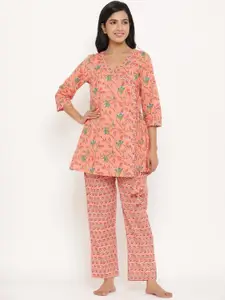 Sangria Peach Floral Printed Pure Cotton Kurti With Trouser