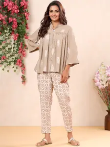 Sangria Grey & White Printed Pure Cotton Top With Trouser