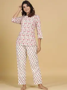 Sangria Peach-Coloured & White Floral Printed Pure Cotton Kurti With Trouser