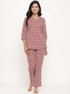 Sangria Red & White Floral Printed Pure Cotton Kurti With Trouser
