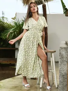 StyleCast Green Floral Printed Fit & Flare Midi Dress