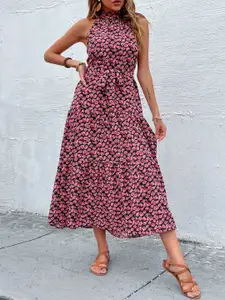 StyleCast Red Floral Printed Halter Neck Tie-Up Fit & flare Dress