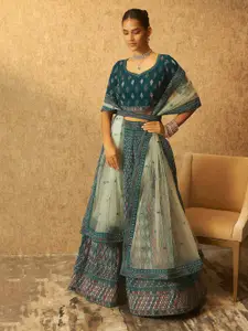 Soch Teal Embroidered Beads and Stones Unstitched Lehenga & Blouse With Dupatta
