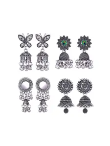 MEENAZ Set Of 4 Silver-Plated Oxidised Peacock Shaped Jhumkas