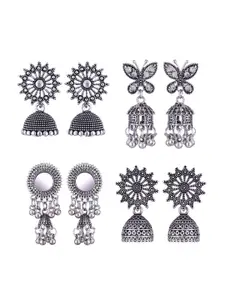 MEENAZ Set Of 4 Silver-Plated Stainless Steel Studded & Beaded Peacock Shaped Jhumkas