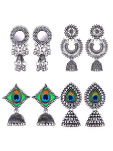 MEENAZ Set Of 4 Silver Plated Dome Shaped Jhumkas