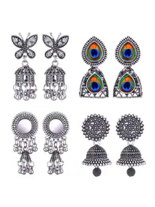 MEENAZ Set Of 4 Silver-Plated Peacock Shaped Jhumkas