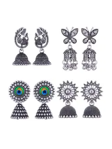 MEENAZ Set Of 4 Silver-Plated Stainless Steel Peacock Shaped Jhumkas