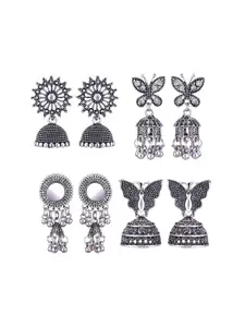 MEENAZ Set Of 4 Silver-Plated Stainless Steel Peacock Shaped Jhumkas
