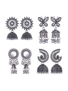 MEENAZ Set Of 4 Silver-Plated Stainless Steel Peacock Shaped Jhumkas