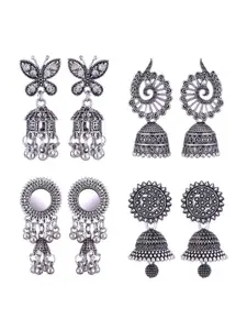 MEENAZ Set Of 4 Silver-Plated Stainless Steel Studded & Beaded Peacock Shaped Jhumkas