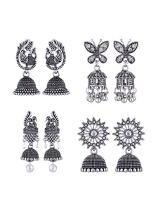MEENAZ Pack Of 4 Silver-Plated Dome Shaped Oxidised Jhumkas