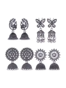 MEENAZ Set Of 4 Silver-Plated Oxidised Peacock Shaped Jhumkas