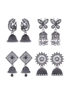 MEENAZ Set Of 4 Silver-Plated Oxidised Peacock Shaped Jhumkas