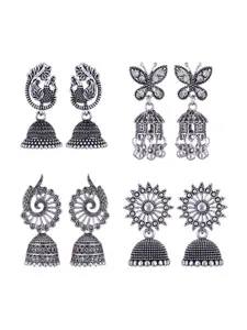 MEENAZ Set of 4 Oxidised Silver Plated Stainless Steel Jhumkas