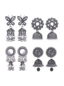 MEENAZ Pack Of 4 Silver-Plated Dome Shaped Oxidised Jhumkas