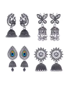 MEENAZ Set Of 4 Silver-Plated Stainless Steel Peacock Shaped Jhumkas