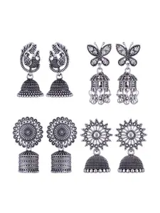 MEENAZ Set Of 4 Silver-Plated Peacock Shaped Jhumkas