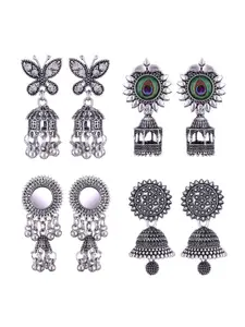 MEENAZ Pack Of 4 Silver-Plated Dome Shaped Oxidised Jhumkas