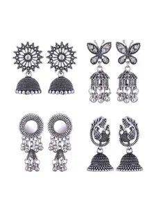 MEENAZ Set Of 4 Silver-Plated Stainless Steel Peacock Shaped Jhumkas