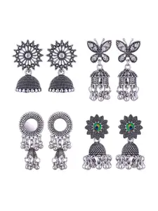 MEENAZ Set Of 4 Silver-Plated Stainless Steel Studded & Beaded Peacock Shaped Jhumkas