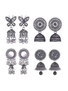 MEENAZ Set Of 4 Silver-Plated Stainless Steel Stones Studded & Beads Beaded Jhumkas