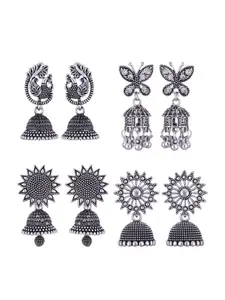 MEENAZ Set Of 4 Silver-Plated Peacock Shaped Jhumkas