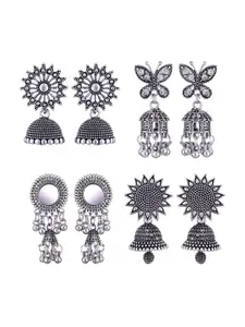 MEENAZ Set Of 4 Silver-Plated Peacock Shaped Jhumkas