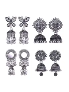 MEENAZ Set Of 4 Silver-Plated Stainless Steel Peacock Shaped Jhumkas