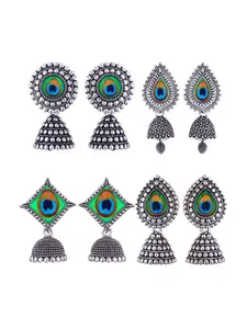 MEENAZ Set Of 4 Silver-Plated Stainless Steel Studded & Beaded Peacock Shaped Jhumkas