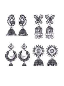 MEENAZ Set Of 4 Silver Plated Dome Shaped Jhumkas