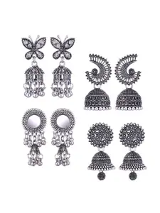 MEENAZ Set Of 4 Silver-Plated Oxidised Peacock Shaped Jhumkas