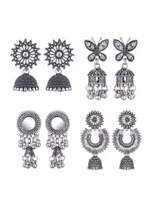 MEENAZ Set Of 4 Silver Plated Dome Shaped Jhumkas