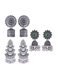 MEENAZ Set Of 3 Silver-Plated Stainless Steel Peacock Shaped Enamelled Jhumkas