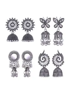MEENAZ Set Of 4 Silver-Plated Stainless Steel Studded & Beaded Peacock Shaped Jhumkas