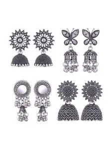 MEENAZ Set Of 4 Silver-Plated Stainless Steel Peacock Shaped Jhumkas