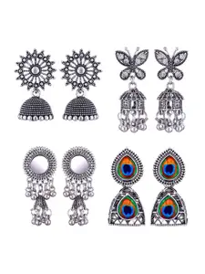 MEENAZ Set Of 4 Silver-Plated Peacock Shaped Jhumkas