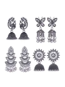 MEENAZ Set Of 4 Silver-Plated Stainless Steel Peacock Shaped Jhumkas