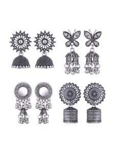 MEENAZ Set Of 4 Silver-Plated Stainless Steel Jhumkas Earrings