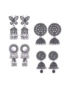 MEENAZ Set Of 4 Silver-Plated Oxidised Peacock Shaped Jhumkas